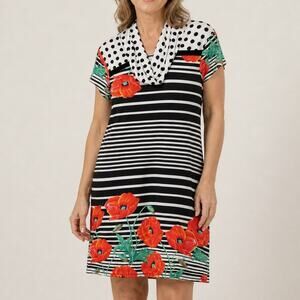 Tango Mango Shift Dress Size XL Short Sleeve Cowlneck Floral Stripe Slinky knit